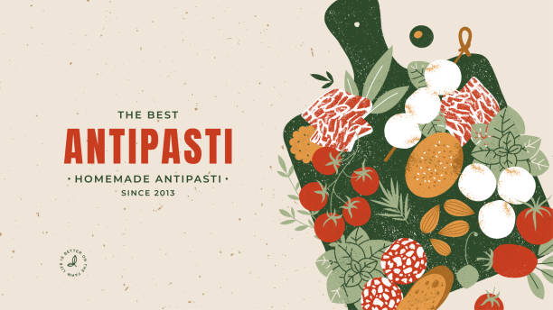 ilustraciones, imágenes clip art, dibujos animados e iconos de stock de plantilla de diseño de tablero de charcutería de estilo italiano. surtido de aperitivos. tablero antipasti. - italian cuisine illustrations