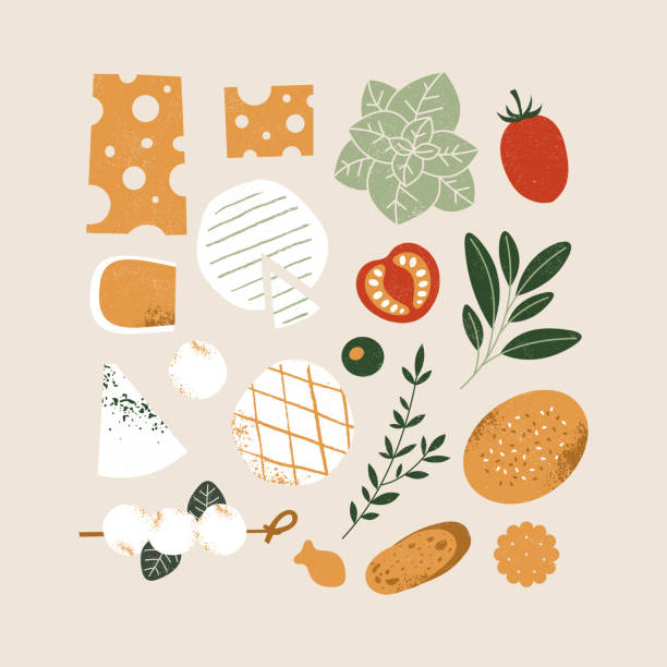 Various food collection. Cheese, bread and tomatoes. Assortment of appetizers. Various food collection. Cheese, bread and tomatoes. Assortment of appetizers. Vector illustration italian cheese stock illustrations