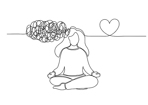 Woman meditates in lotus pose. Mindfulness psychotherapy concepts. Continuous line drawing.