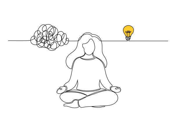 illustrazioni stock, clip art, cartoni animati e icone di tendenza di la donna ha un'idea dopo la meditazione. - come