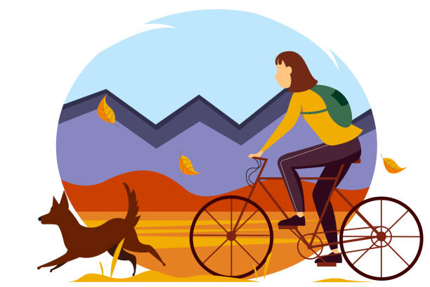 illustrazioni stock, clip art, cartoni animati e icone di tendenza di donna in sella a una bicicletta tra i boschi in autunno. illustrazione del concetto di attività all'aperto, attività ricreative all'aperto, ciclismo. - inhabit