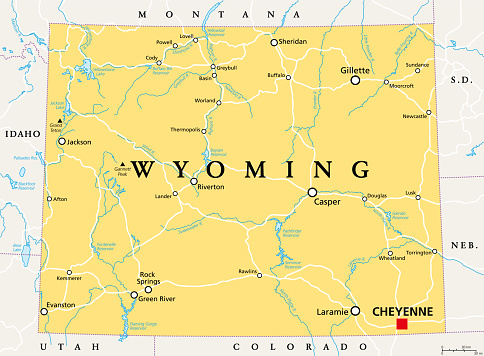 Wyoming, WY, political map, with the capital Cheyenne. State in the Mountain West subregion of the Western United States of America, nicknamed Equality State, Cowboy State and Big Wyoming. Vector.