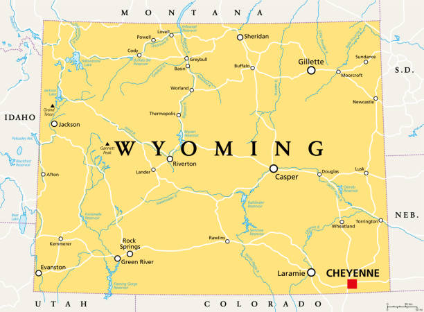 Wyoming, WY, political map, US state, nicknamed Equality State Wyoming, WY, political map, with the capital Cheyenne. State in the Mountain West subregion of the Western United States of America, nicknamed Equality State, Cowboy State and Big Wyoming. Vector. wyoming stock illustrations