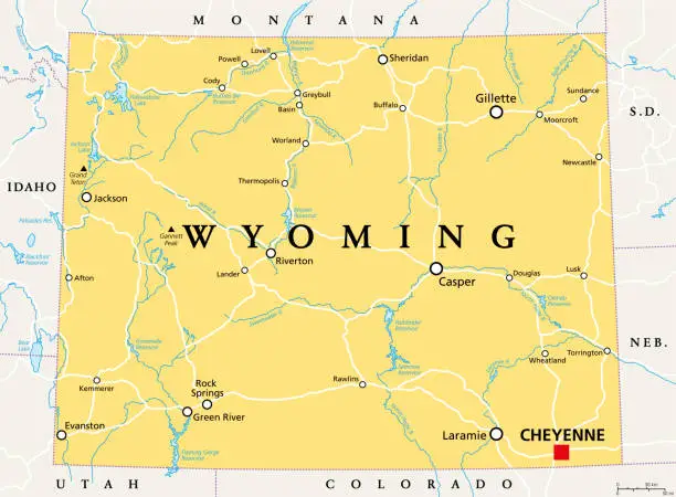 Vector illustration of Wyoming, WY, political map, US state, nicknamed Equality State