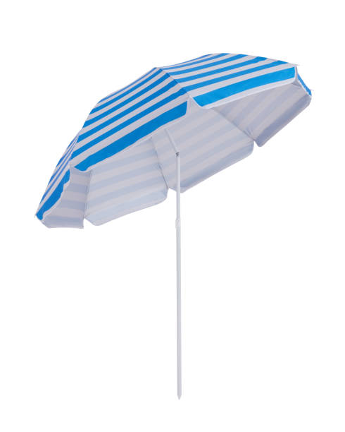 istock Blue beach umbrella parasol isolated on white background 1347646264