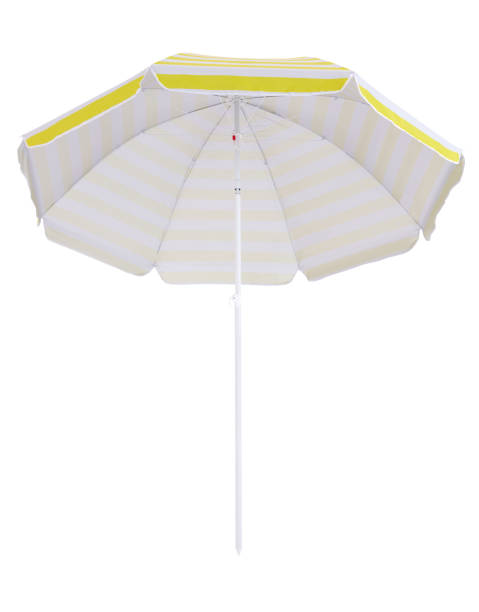 istock Yellow beach umbrella parasol isolated on white background 1347646269