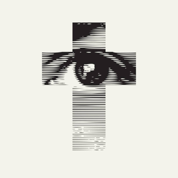 religious banner with a cross and a human eye Abstract square banner with a cross and a human eye on an old paper. Black and white vector illustration, religious symbol, icon, T-shirt design, logo, design element. The Lord sees everything church black and white people praying stock illustrations