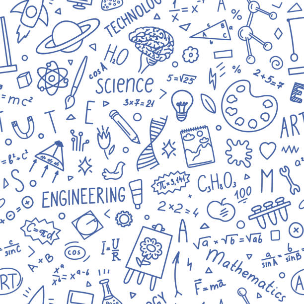 illustrazioni stock, clip art, cartoni animati e icone di tendenza di modello da steam education doodle - scienza