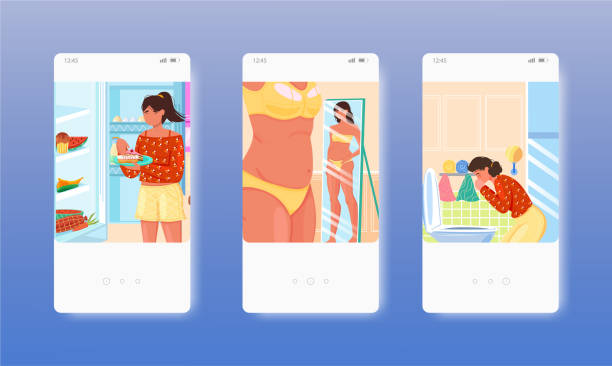 illustrations, cliparts, dessins animés et icônes de femme souffrant de boulimie, trouble de l’alimentation. écrans d’application mobile, modèle de bannière de site web vectoriel. interface utilisateur, conception de site web. - bulimia