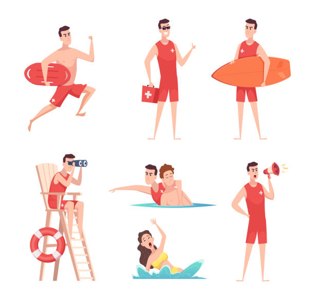 ilustraciones, imágenes clip art, dibujos animados e iconos de stock de socorrista en la playa. vacaciones de verano seguridad en el mar niños disfrutando en el agua tiempo recreativo personas trabajando vector exacto personajes al aire libre - marine safety equipment audio