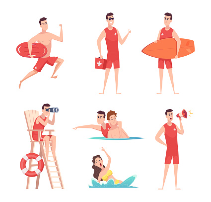 Lifeguard at beach. Summer vacation safety on the sea kids enjoying in water recreational time people working exact vector outdoor characters. Characters lifeguard illustration, safety on water