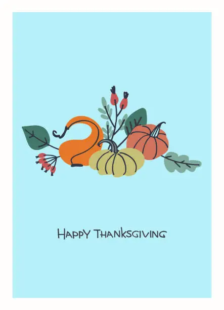 Vector illustration of Thanksgiving Day greeting card design. Hand lettering decorated with pumpkins and berries on turquoise background