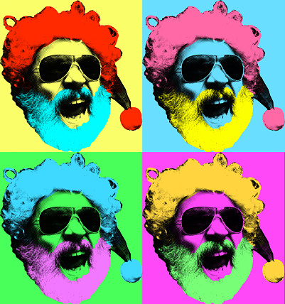 Pop art style. Stylish modern emotional Santa Clause congratulating with New Year 2022 and Christmas. Fashion, trend magazine style, Winter, holidays, wishes and wow emotions. Neon colors