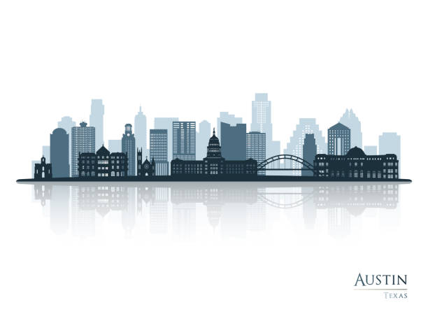 Austin skyline silhouette with reflection. Landscape Austin, Texas. Vector illustration. Austin skyline silhouette with reflection. Landscape Austin, Texas. Vector illustration. panoramas stock illustrations