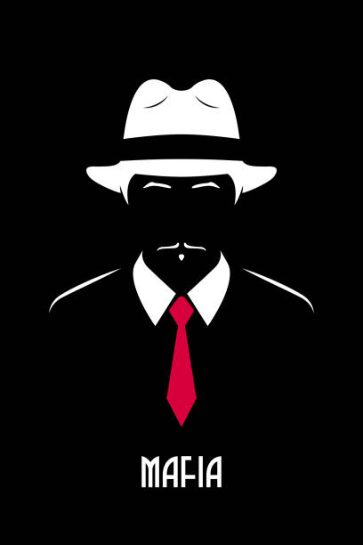 Italian Mafioso. Chicago mobster. Genleman with white fedora hat and red tie. Black and white vector illustration. Italian Mafioso. Chicago mobster. Genleman with white fedora hat and red tie. Black and white vector illustration. godfather godparent stock illustrations