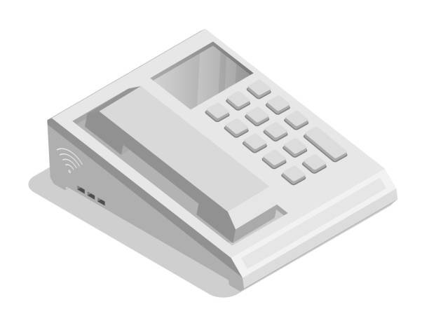 ilustrações, clipart, desenhos animados e ícones de telefone de escritório isométrico com fio com botões. comunicação ip entre assinantes. vetor 3d realista isolado em fundo branco - telefone fixo