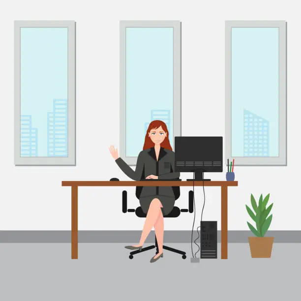 Vector illustration of Businesswomen at he office waving hand