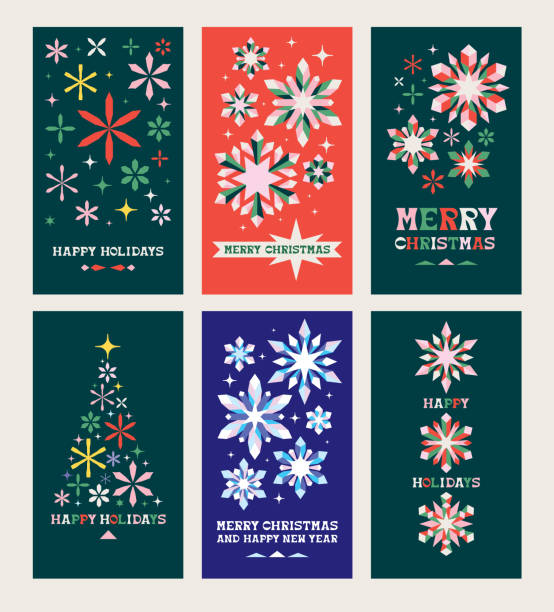 weihnachtskarten mit schneeflocken - weihnachten modern stock-grafiken, -clipart, -cartoons und -symbole