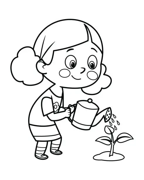 Vector illustration of Coloring book, Little girl watering tree in park