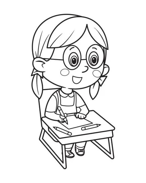 Vector illustration of Coloring book, Little girl writes on the paper at the desk. School child at the table