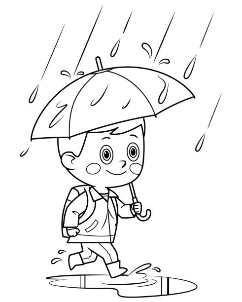 illustrations, cliparts, dessins animés et icônes de livre de coloriage, écolier avec parapluie sous la pluie - descriptive color elementary student water blue