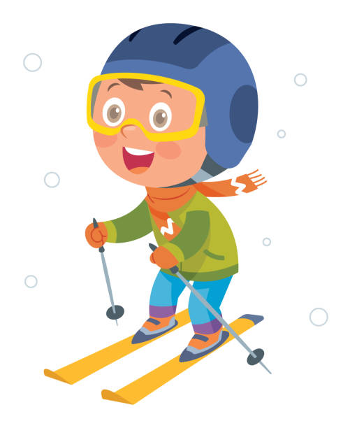 ilustraciones, imágenes clip art, dibujos animados e iconos de stock de niño pequeño esquiando cuesta abajo - mono ski