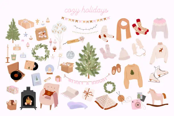 Vector illustration of Collection of Holidays elements and cozy hygge home decor.