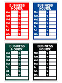 istock Business hours sign kit. Red, blue, green, and black colored sign kit for business hours. Open signs for the business. 1347656746