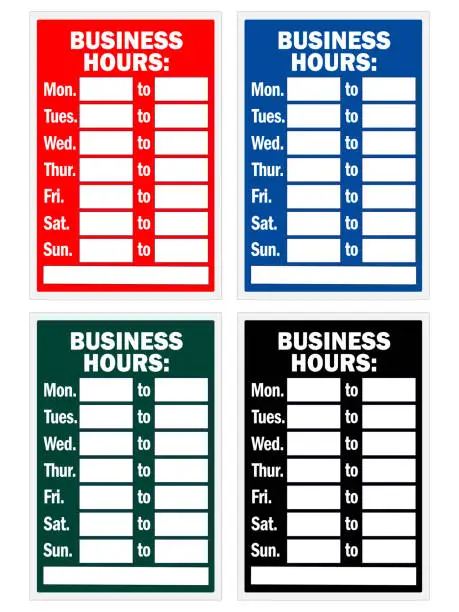 Vector illustration of Business hours sign kit. Red, blue, green, and black colored sign kit for business hours. Open signs for the business.