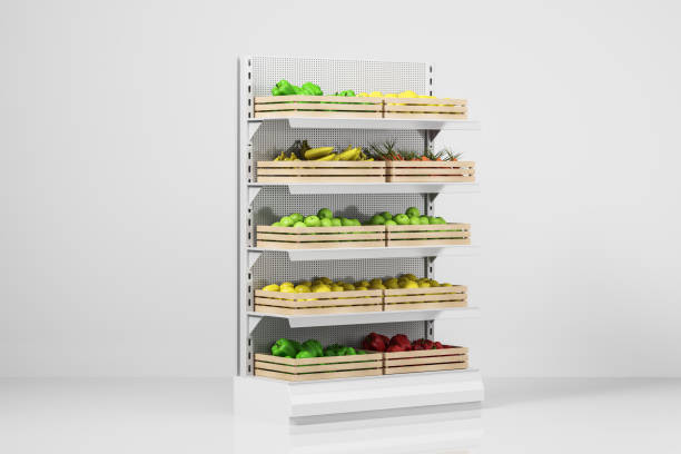 Supermarket shelf with wooden boxes on a white background. The concept of the sale of fruits and vegetables, proper nutrition. Side view. 3d rendering. Supermarket shelf with wooden boxes on a white background. The concept of the sale of fruits and vegetables, proper nutrition. Side view. 3d rendering. vegetable stand stock pictures, royalty-free photos & images