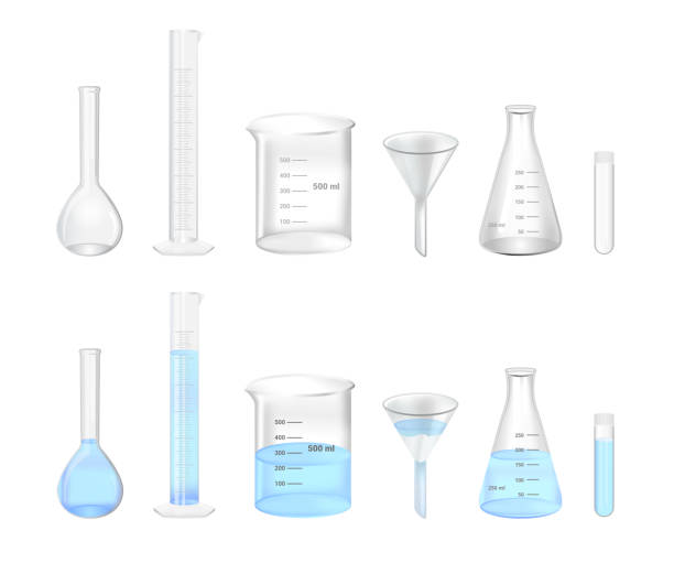 Vector set of realistic glass laboratory empty and water filled chemical glassware isolated on white. Laboratory glassware, chemical laboratory. Vector set of realistic glass laboratory empty and water-filled chemical glassware isolated on a white background. volumetric flask, graduated cylinder, beaker, funnel, Erlenmeyer flask and test tube. beaker stock illustrations