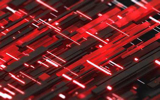 Abstract technology background with circuit elements and laser beams illuminating a structure made of red and black shapes connected together. Futuristic design. Digitally generated image.