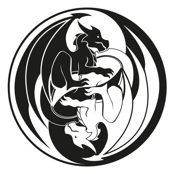 ilustrações, clipart, desenhos animados e ícones de dragões em yin e círculo yang - símbolo do dragão, vetor de ilustração preto e branco - yin yang ball
