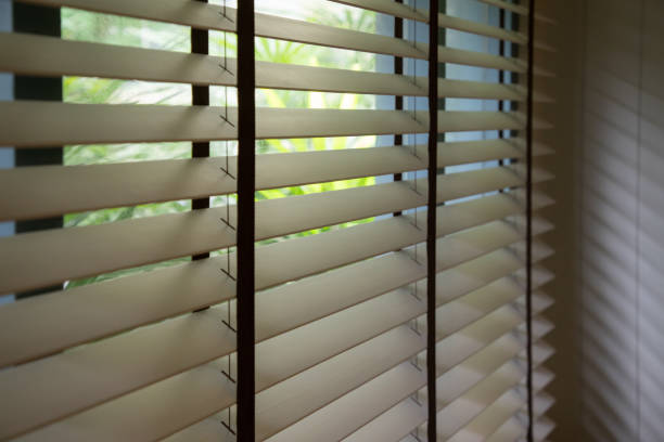 istock Venetian blind window with the garden background. 1347660066