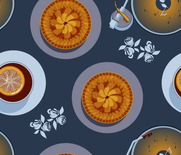 вектор eps10 бесшовный узор уютный лаунж горошек. глинтвейн, апельсиновый ломтик, яблочный и абрикосовый пирог, виниловая музыкальная тарелк� - mulled wine audio stock illustrations