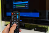 Digital decoder with remote control and television monitor.