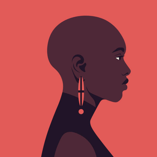 Portrait of a bald African woman in profile. Alopecia. Portrait of a bald African woman in profile. A face of fashion model. Side view. Diversity. Avatar. Alopecia. Vector flat illustration ear piercing clip art stock illustrations