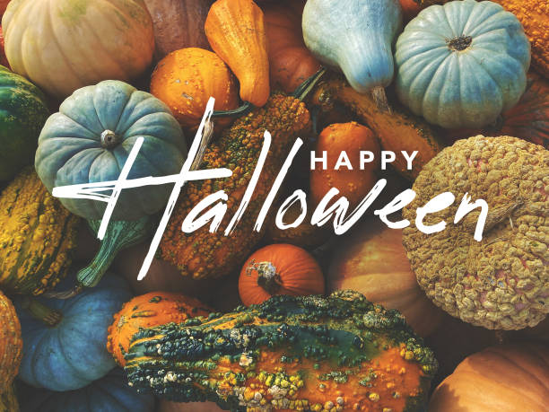 istock Happy Halloween Holiday Greeting Card Handwritten Calligraphy Text Design with Fall Pumpkins, Squash and Gourds Colorful Background 1347663254