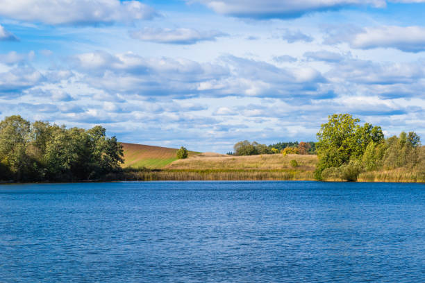 istock Beautiful autumn landscape with field, trees and deep clouds behind a lake 1347664054