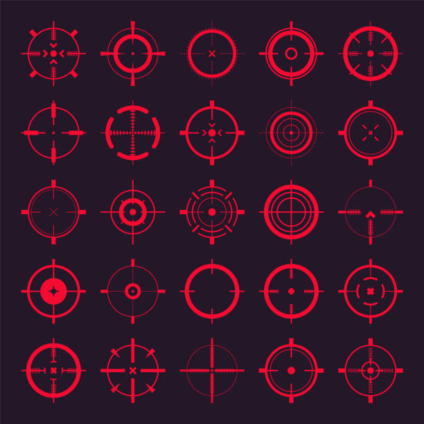 ilustrações, clipart, desenhos animados e ícones de mira, ícones vetores de mira de arma. bullseye, alvo vermelho ou símbolo de mira. mira de rifle militar, sinal de marca de tiro. mirando, mirando em um tiro. tiro com arco, caça e tiro esportivo. elemento de interface do jogo - rifle shooting target shooting hunting