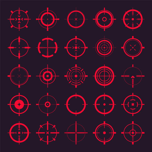 Crosshair, gun sight vector icons. Bullseye, red target or aim symbol. Military rifle scope, shooting mark sign. Targeting, aiming for a shot. Archery, hunting and sports shooting. Game UI element Crosshair, gun sight vector icons. Bullseye, red target or aim symbol. Military rifle scope, shooting mark sign. Targeting, aiming for a shot. Archery, hunting and sports shooting. Game UI element military patterns stock illustrations