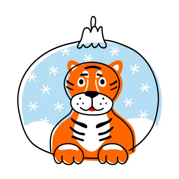 Vector illustration of Tiger and Christmas tree toy. A cute stylized tiger sits in a Christmas tree toy. Funny doodles on a New Year's theme.