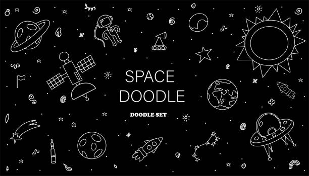 рисовать вручную космическую иллюстрацию с ракетой, космонавтом, планетами симпатичный, детский векторный рисунок doodle иконки детские элем - scrap booking stock illustrations