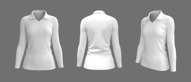 istock Women's collared t-shirt mockup, front, side and back views 1347666776