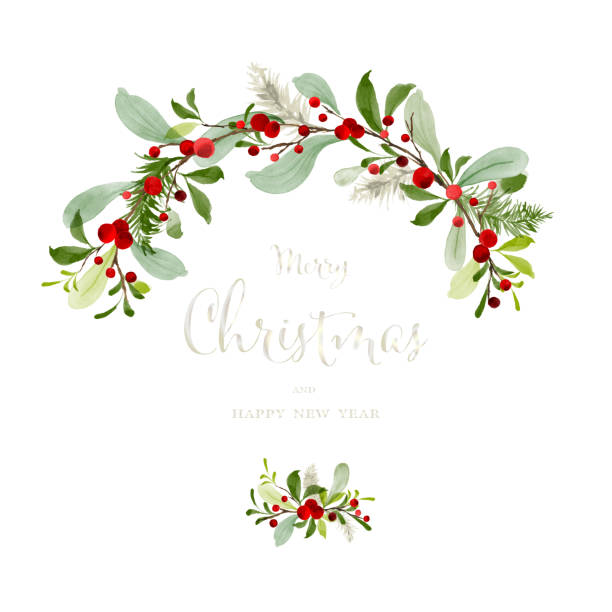 bildbanksillustrationer, clip art samt tecknat material och ikoner med merry christmas with berry wreath watercolor - järnek illustrationer