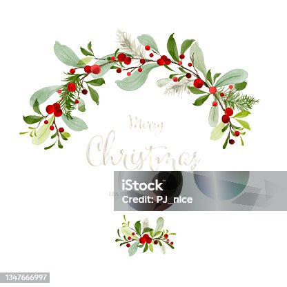 istock Merry Christmas with berry wreath watercolor 1347666997
