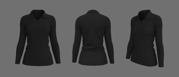 istock Women's collared t-shirt mockup, front, side and back views 1347668110
