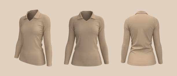 istock Women's collared t-shirt mockup, front, side and back views 1347668202
