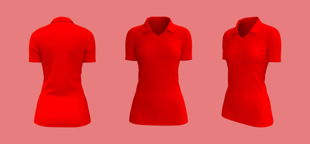 istock Women's collared t-shirt mockup, front, side and back views 1347668267