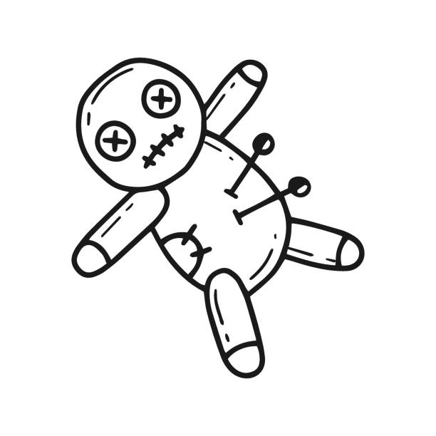 ilustrações de stock, clip art, desenhos animados e ícones de a voodoo doll with pins in a simple doodle style. vector illustration. - voodoo
